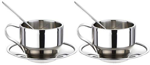 Jdeijfev Insulated Coffee Cup Set - Stainless Steel Double Walled Espresso Cups Latte Cappuccino Tea Cup with Saucer and Spoon 125Ml (Set of 2)