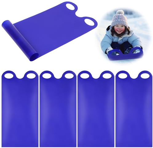 Poen 4 Pcs Snow Sled for Kids and Adult Snow Slides Roll up Sled 36.2 Inch Plastic Sledding Snowboard with 2 Handles Lightweight High Speed Equipment(Dark Blue)