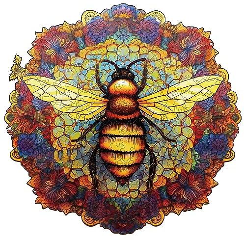 Blumuze Holzpuzzle Erwachsene, Mandala Biene Holzpuzzle Einzigartige Tierform Puzzleteile, Holz-Puzzle, Puzzle aus Tierteilen, Puzzle Holz Erwachsene mit Geschenkbox aus Holz 300 Stück(L-13.7*13.7in)