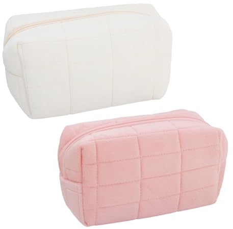 2 Pezzi Checkered Plush Cosmetic Bag - Travel Toiletry and Skin Care Storage, Portatile, Carino (Rosa/Bianco, 16*9*10cm)
