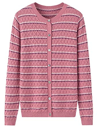 Kashmirtröja rund hals enkelknäppt 100 % kashmirtröja damcardigan randig stickad lös tröja, rosa, XL