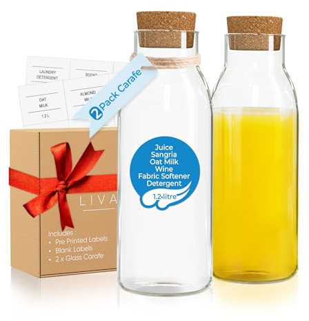 Livabl Carafe 2 Pack (1.2Litre) Water Carafe with Lid, Glass Jar with Lid, Laundry Detergent Storage, Multipurpose Carafes, Perfect Glass Water Bottle for Fridge