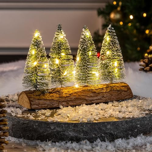 4 Mini Weihnachtsbäume auf Baumstamm mit 20 LEDs - künstlicher Weihnachtsbaum/Tannenbaum mit Lichterkette & Schneeeffekt - Perfekt als Weihnachtsdeko basteln, Tischdeko & Fensterdeko - Weihnachten