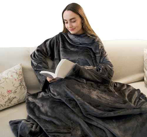 Velia® Premium TV Decke mit Ärmeln und Fußtasche - Kuscheldecke zum anziehen tragbare Ärmeldecke - 190 x 150 cm - super flauschig Mikrofaser - Wearable Blanket