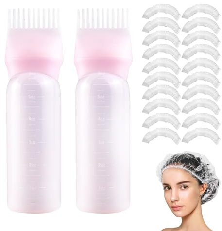 Root Comb Applicator Bottle, 6 Ounce, Hair Oil Applicator, Oil Applicator for Hair Dye, Oil Bottles for Hair, Hair Oiling Applicator with Graduated Scale (2 Pack+20 PCS Disposable Shower Caps, pink)