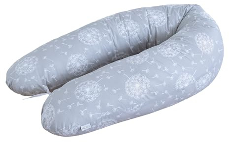 LOOLAY Schwangerschaftskissen - Stillkissen 170 cm - Seitenschläferkissen 100% Baumwolle - mit Abnehmbarem Bezug - Schwanger Kissen für Schlafen (Pustelblume Grau)