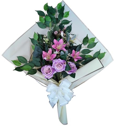 DRW Ramo de Flores para Cementerio Ramo Flores Artificiales con Jarron para Meter en el Bote del Jarron 78x63x20 cm (Lirios y Rosas moradas)
