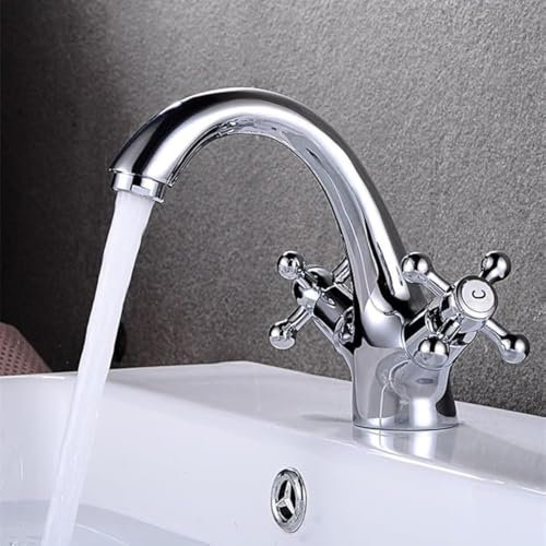 ZYCDP Waschbeckenarmatur Bad Retro Zweigriff Waschtischarmatur Bad Armatur Retro Mischbatterie Kaltes und Heißes Wasser, Chrom