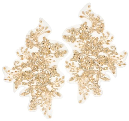 GORGECRAFT Lentejuelas 3D Bordadas Apliques de Encaje Flores Coser Parches Glitter Paillette Bead Floral Collar Tela Artesanía Decoración Parche para Coser Ropa de Boda Vestido Jeans Bolsa Oro