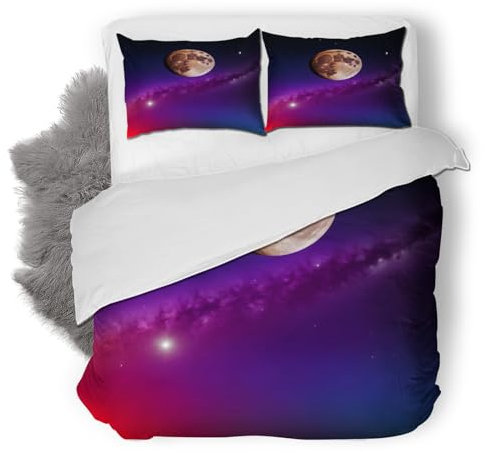 Mond Bettwäsche 155x220 cm Weiche Mikrofaser Weltraum Kinder Bettwäsche-Sets mit Reißverschluss 3 Teilig Bettbezug Set mit 2 Kissenbezug 80x80 cm