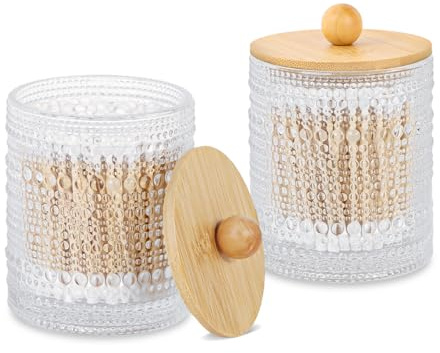 Tonxus Bathroom Qtip Holder Set,Glass Apothecary Jars with Lids,Bamboo Cotton Ball Holder,Clear Cotton Swab Holder,Bathroom Vanity Storage Organizer Jars for Round,Bath Salts,Candy,Jewelry (Nail)
