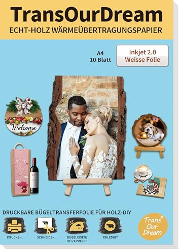 TransOurDream Echt Holztransferpapier für Tintenstrahldrucker,Weiss (10 Blatt, A4+1 Bauwollstoff), bedruckbares Transferpapier zum Aufbügeln für Holz (D-14-2.0-10)