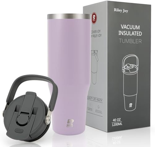 Riley Joy 2.0 Stainless Steel Tumbler 40 oz with Handle and Straw - 100% Leak Proof Insulated Water Bottle - Easy to Carry Travel Mug - Dishwasher Safe - Car Coffee Cup