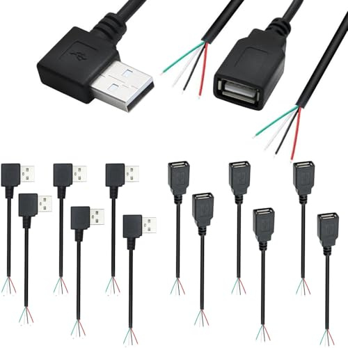 RUNCCI-YUN 12PCS câble prise USB 2.0 USB-A 90 Degrés 4 Broches,Queue de cochon USB,fil nu USB 2.0 4 broches,câble d'alimentation à prise USB 5V 2A 28AWG (30cm)