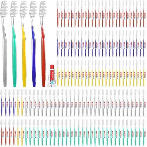 Confezione da 150 spazzolini da denti e dentifricio per hotel, usa e getta, confezionati singolarmente, spazzolini manuali con kit di dentifricio, per hotel e appartamenti per senzatetto (5 colori)