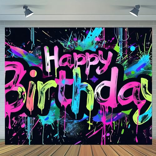 Neon Happy Birthday Banner - 71x43 Photography Backdrops, Party Background Decorations, Colorful Graffiti Splash Paint Kids Birthday Supplies, Glow in The Dark