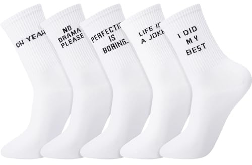 Utensilsto 5 Paar Socken Damen Herren 39-42 Sportsocken Baumwollesocken Tennissocken Antirutsch Spruch Hip Hop Weiß lustige Socken Geschenke für Männer und Frauen