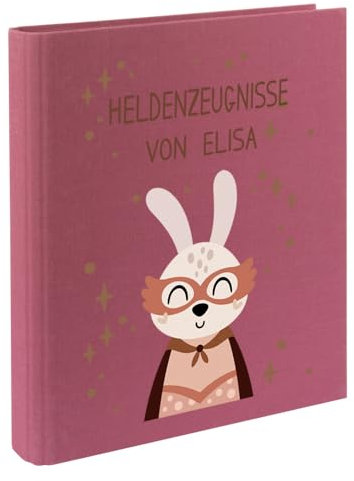 Zeugnismappe mit Namen personalisiert aus Leinen Schulkind Geschenk zur Einschulung Motiv Superheld (Beere, Hase)