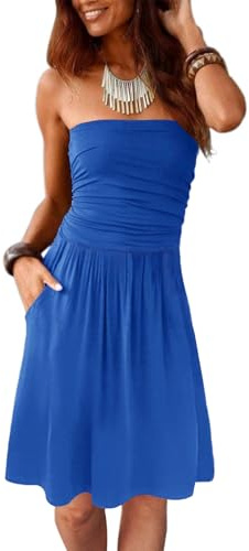 Alaster Queen Women’s Sundress Bandeau Strapless Blue Summer Dress Cover Up Backless Sunny Beach with Pockets