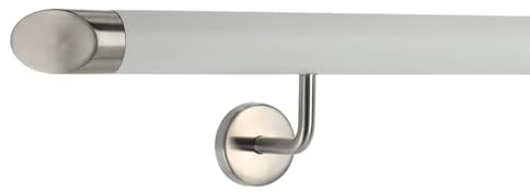 TIBU Corrimano in alluminio bianco 30 – 600 cm corrimano da parete per scale, supporto in acciaio inox, lunghezza 160 cm con 2 supporti e estremità obliqua