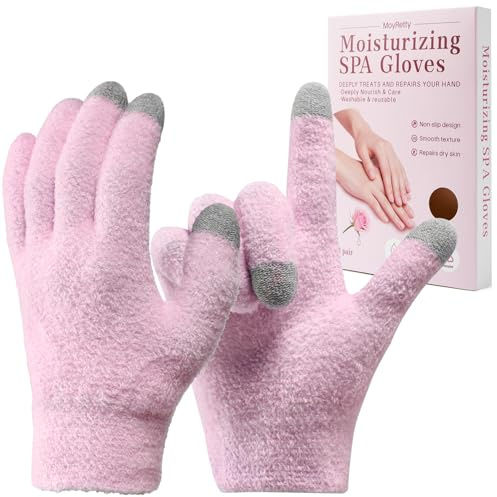 MoyRetty Touchscreen Silicone Moisturizing Gloves for Dry Hands Overnight, Reusable Hand Spa Gloves with Vitamin E & Jojoba Oil-Pink