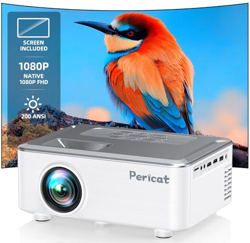 Proyector con WiFi y Bluetooth, proyector para exteriores con pantalla de 100 pulgadas, proyector de películas pericat 200 ANSI 1080P HD, con altavoz integrado de 15 W, compatible con smartphone, TV