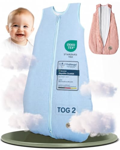 KUNU® Baby Schlafsack 2 Tog - 80cm weicher Bio Musselin Schlafsack Baby ab ca. 3 bis 24 Monate - Hautfreundlicher Babyschlafsack für das ganze Jahr - Pflegeleichter Ganzjahresschlafsack