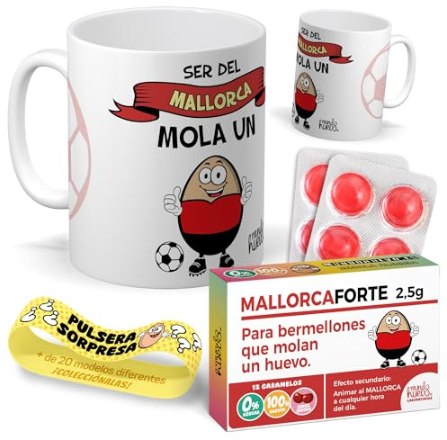 Kit regalo personalizado para aficionados del Mallorca | Taza Ser del Mallorca mola un huevo + Caramelos divertidos + Pulsera sorpresa | Regalo futbol, divertido y original para cumpleaños, navidad.