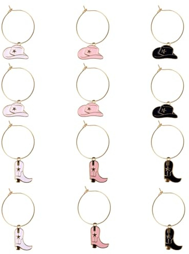 Penitue 12pcs Cute Wineglass Charms, Funny Cowboy Boots Hats Wine Charms for Stem Glasses Drink Cocktail Glasses Markers Tags for Carnival Party Favors and Decor Supplies