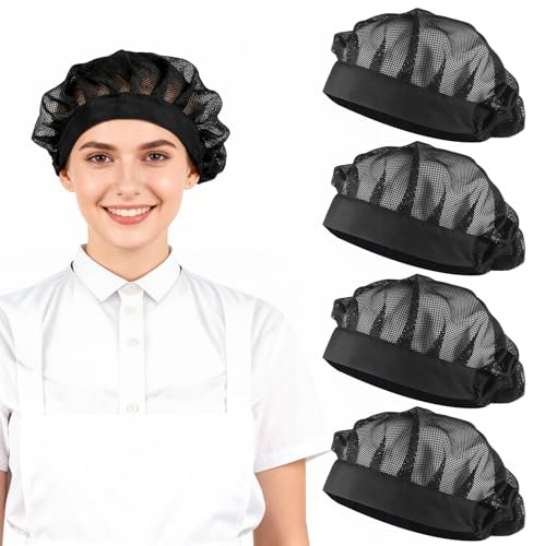 Aeaocvo Kockhatt 4 stycken, nätkockhattar justerbar kockhatt svart ventilerande kockhatt för kvinnor i gastronomin, återanvändbara, tvättbara elastiska hårnät