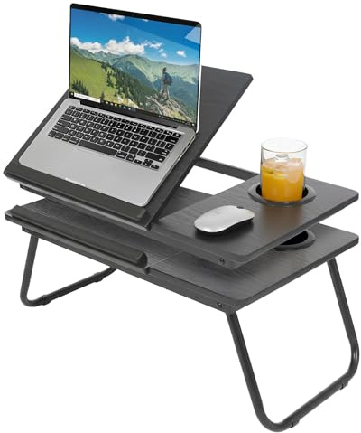 Harbour Housewares Klappbarer Schoßschreibtischs mit Getränkehalter - Schwarz - 2X Tragbar Faltbar Bett Sofa Heim Büro Tablett Tisch Computer Tablette Stand mit Getränkehalter für Spiele