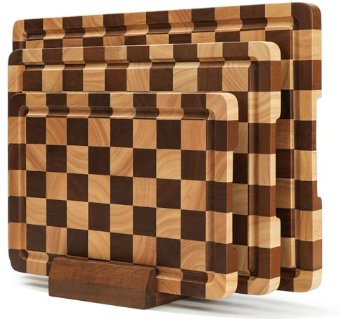 Checkered Cutting Board Set for Kitchen - 3 PCS Wood Checkerboard End Grain Chopping Board with Holder & Juice Groove, Wooden Cutting Boards for Meat, Vegetables, Fruits (S, M, L)