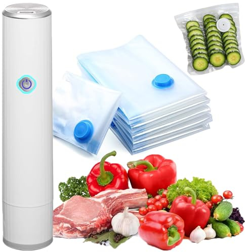 Pompe à Vide Alimentaire Professionnelle Avec Sacs Réutilisables de Qualité Alimentaire, Mise Sous Vide Parfaite et Rapide Parfaite pour Aliments variés et Liquides (1 Machine + 5 Sacs)