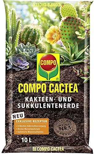 Compo CACTEA Kakteen- und Sukkulentenerde mit 8 Wochen Dünger für alle Kakteenarten und dickblättrige Pflanzen, Kultursubstrat, 10 Liter