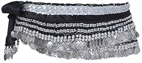 BellyLady Belly Dance Hip Scarf, Multi-Row Silver Coin Dance Skirt, Gift Idea-Black