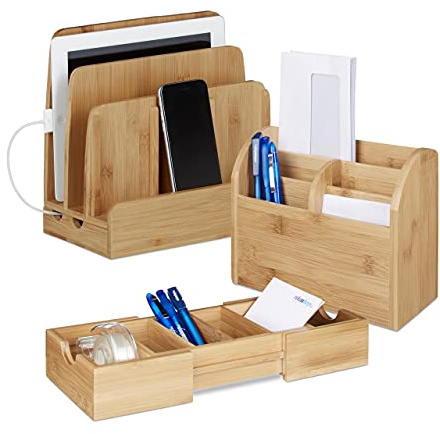 Relaxdays 3 TLG. Schreibtisch Organizer Set Bambus, Karteikasten zum Ausziehen, Ladestation für Smartphones, Briefablage, Natur