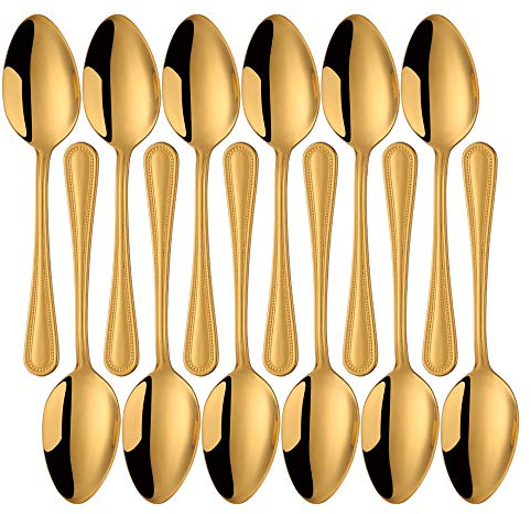 Buyer Star Esslöffel, Set mit 12 Servierlöffeln aus goldenem Edelstahl für die Küche oder das Restaurant zu Hause, spiegelpoliertes Besteck