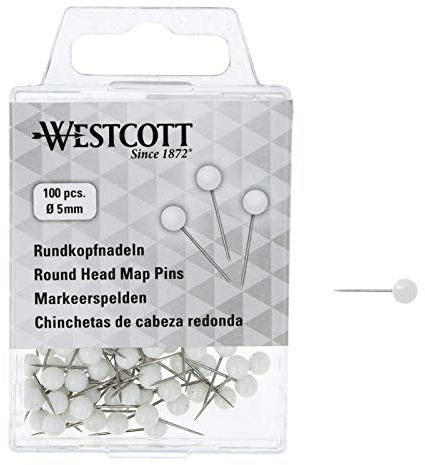 WESTCOTT Runda huvudnålar, 100 stycken, 5 mm diameter, 16 mm lång, vit, E-10501 00
