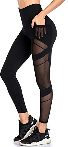 WE CUFFLLE Women's Mesh High Waist Leggings Yoga Pants with Pockets Tummy Control 4 Way Stretch Workout Yoga Leggings Black