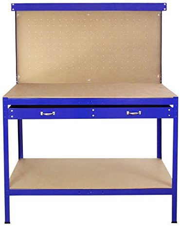 Banco da Lavoro a 3 Livelli con Piano da 120x60cm Ultra Resistente e Pannello Parete Forata Porta Attrezzi Utensili e 40 Ganci universali GRATIS + 2 Mensole e Cassetto - Blu