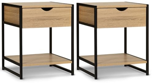 IDMarket - Set aus 2 Nachttischen Detroit 1 Schublade mit Ablage aus Holz und Metall schwarz Industriedesign