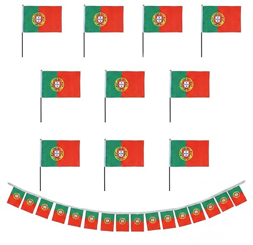 Sonia Originelli Portugal Fan-Set 16 mit 10 Tischfahnen und Girlande - Fanartikel in der portugiesischen Nationalflagge für WM, EM und Events