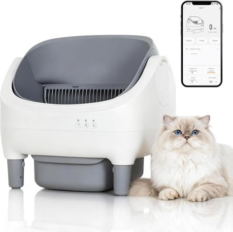 Selbstreinigende Katzentoilette, Katzenklo Selbstreinigend mit App-Steuerung, Geruchskontrolle, Sensoren, Automatisches Katzenklo mit 10,5L Mülleimer & 20 Müllsäcke für Mehrere Katzen, Grau