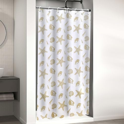 YISURE Narrow Water-repellent Shell Printed Shower Curtain, 47x79 Inch | Water Repellent Fabric For Small Bathtub, Machine Washable, Compact Narrow Size, Including White Plastic Hooks