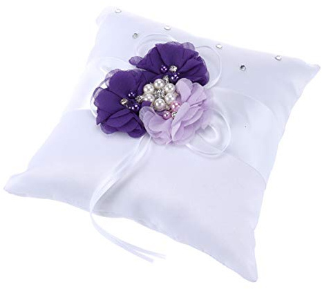 Toddmomy Wedding Ring Pillow 7.87X7.87 Inch Embellished Ring Bearer Cushion with Pearl Flower Decoration and Back Strap for Ceremony Party
