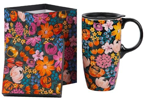 Topadorn Ceramic Travel Mug with Lid and Handle Ceramic Coffee Mug Ceramic Latte Teacup in Color Box 17 Oz, Splash Resistant Lid - To Go Tumbler for Car Cup Holder, Colorful Flower