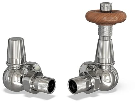 UK Radiators Chrome Thermostatic Radiator Valve and Corner Lockshield Valve - Polished Chrome Finish - Traditional Design 1/2 x 15mm Corner Radiator Valve