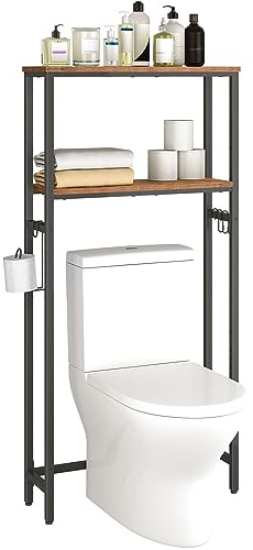 HOOBRO Over The Toilet Storage, 2-Tier Bathroom Organizer Over Toilet, Freestanding Bathroom Storage Shelves with Toilet Paper Holder and Hooks, Space Saver for Room, Rustic Brown and Black BF49TS01