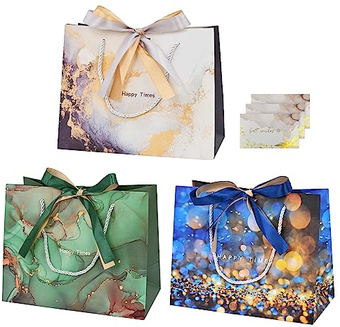 Geschenktüten mit Henkel, Geburtstag Papiertüten mit Schleife, 3 Stück Geschenktaschen Partytüten Geschenk Tüten mit 3 Grußkarten für Hochzeit Feier Party Weihnachten