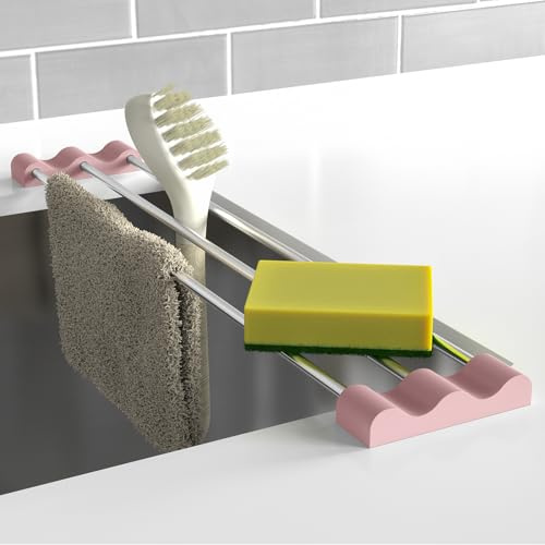 Tomorotec Adjustable Over-The-Sink Kitchen Rack for Dishcloths, Sponges, Bottles and Brushes - Heat-Resistant Stainless Steel with Slim, Expandable Design and Multifunctional Silicone Holder | 3-bar design, supports 7.5 kg, heat-resistant 220 °C, BPA-free silicone, wave design for chopping boards and bottles